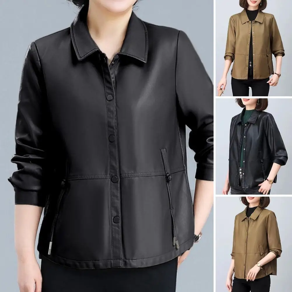 Lapel Jacket Retro Rcycle Coat Women's Faux Leather Jacket with Turn-down Collar Pockets Plus Size Outerwear for Travel