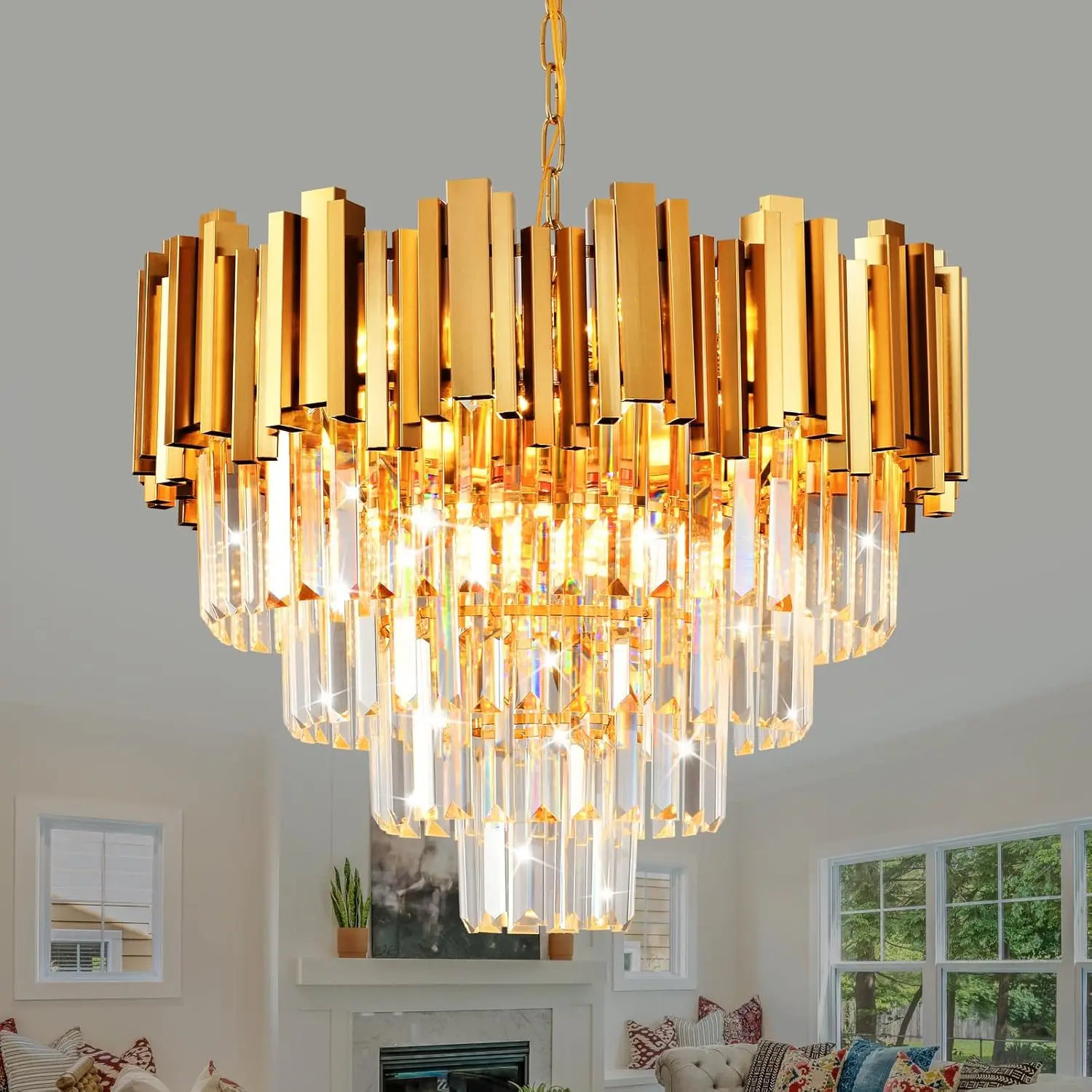 

Gold Crystal Chandeliers for Dining Room Light Fixture,Chandelier for Living Room Bedroom, Dining Room Light Fixtures W22in