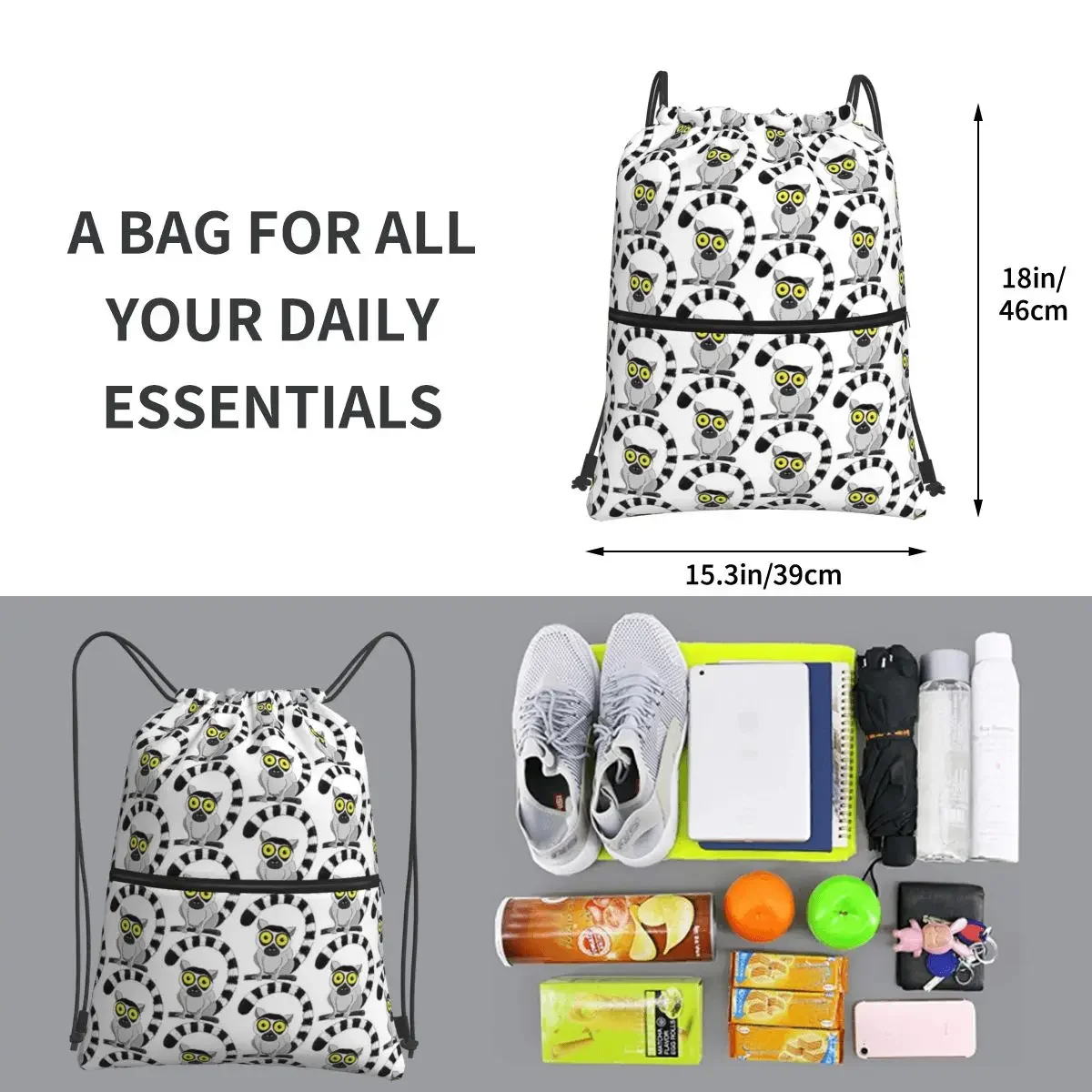 Mochilas portáteis LEMUR RING TAILED, Drawstring Bag, Multi-Function Bundle Pocket, sacos de livros para estudantes escolares