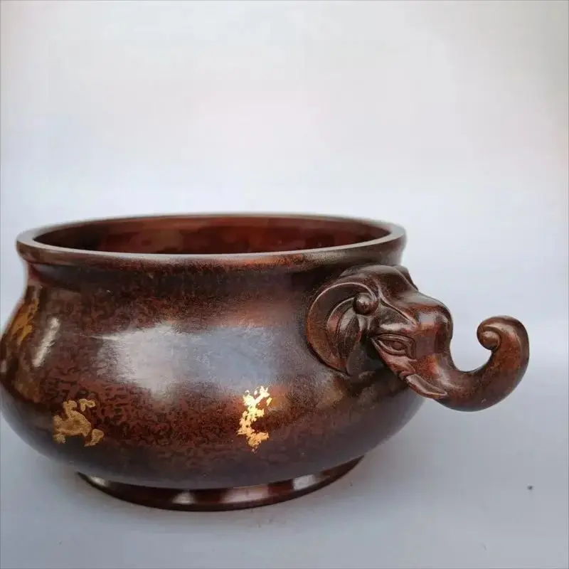 Vintage Gilded Pure Copper Elephant Ear Incense Burner Round Foot Censer Chinese Antique Brass Incense Holder for Coil Stick San