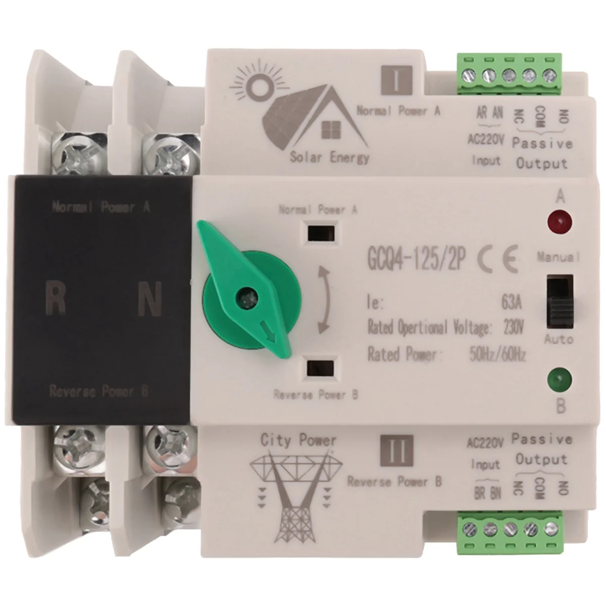 Photovoltaic Solar Power ATS Automatic Transfer Switch Din Rail 2P 63A AC220V ATS PV System Power to City Power