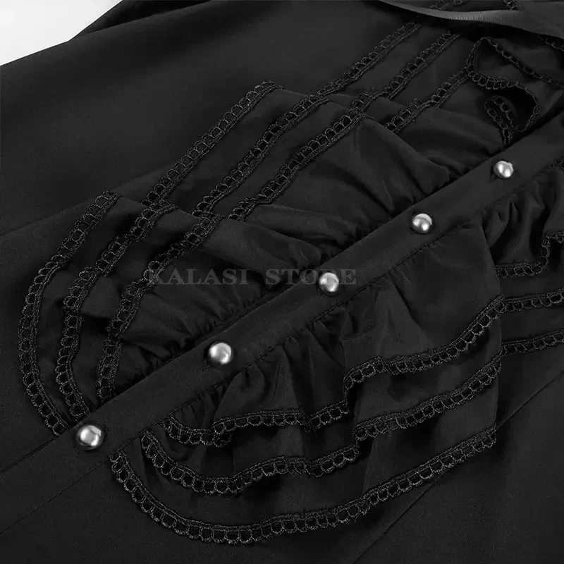 Men\'s Vintage Priest Black Shirt Medieval Pastor Costume Long Bandage Sleeve Ruched Victorian Top Gothic Steampunk Devil Cosplay