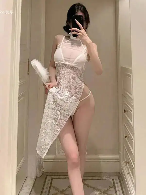 Sexy pure réservoir Mini robe douce chaude Sexy haut pour femme 2025 nouvelle sangle longue robe élégante haute fente Sexy dentelle Ultra-mince ZZR0