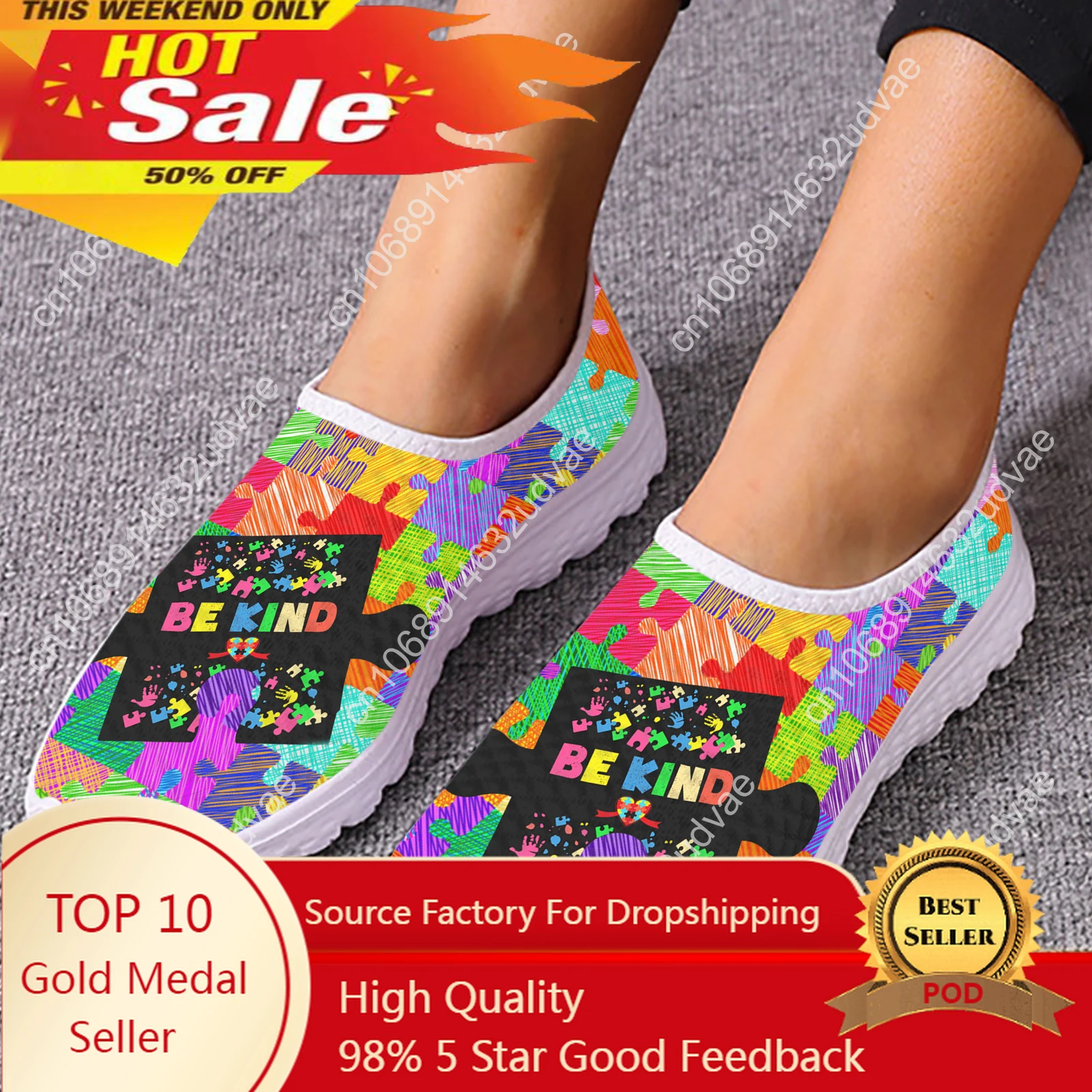 

Autism Awareness Themed Design Mesh Shoes Comfortable Leisure Shoes Breathable Casual Sneakers Soft Soled Shoes