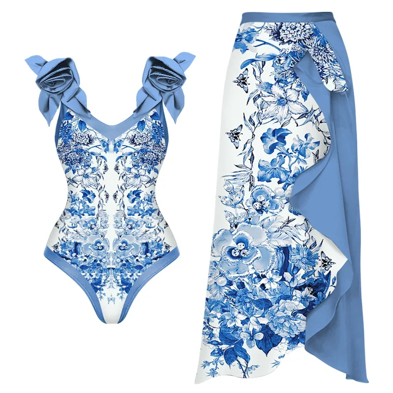 

2024 New 3D Flower Maiolica Print One Piece Swimsuit and Sarong Vacation Swimwear Women Beachwear Bathing Suit