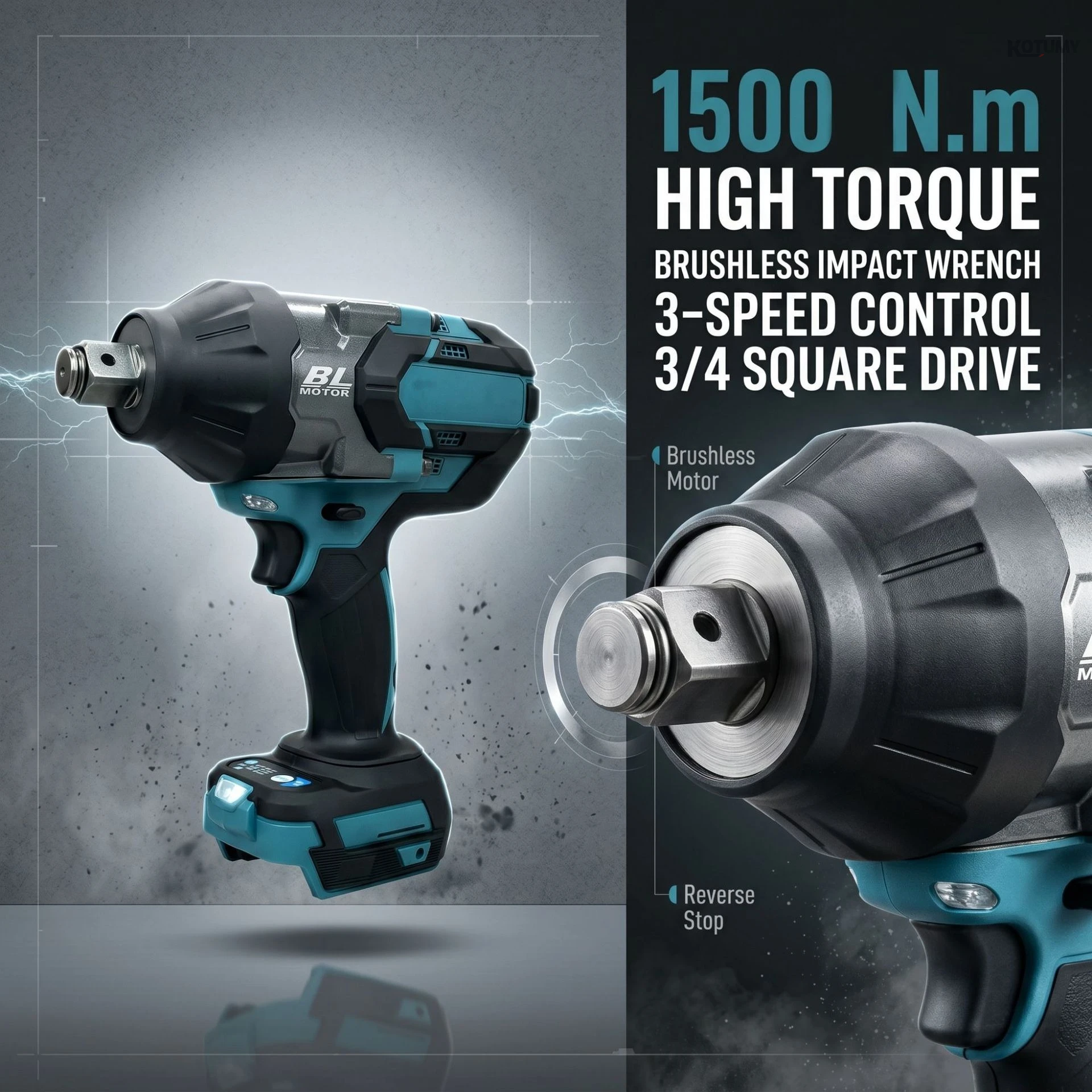 

1500Nm Brushless Electric Impact Wrench, High Power Cordless Lithium-Ion Wrench, Heavy Duty Automotive Power Tool for Car Truck