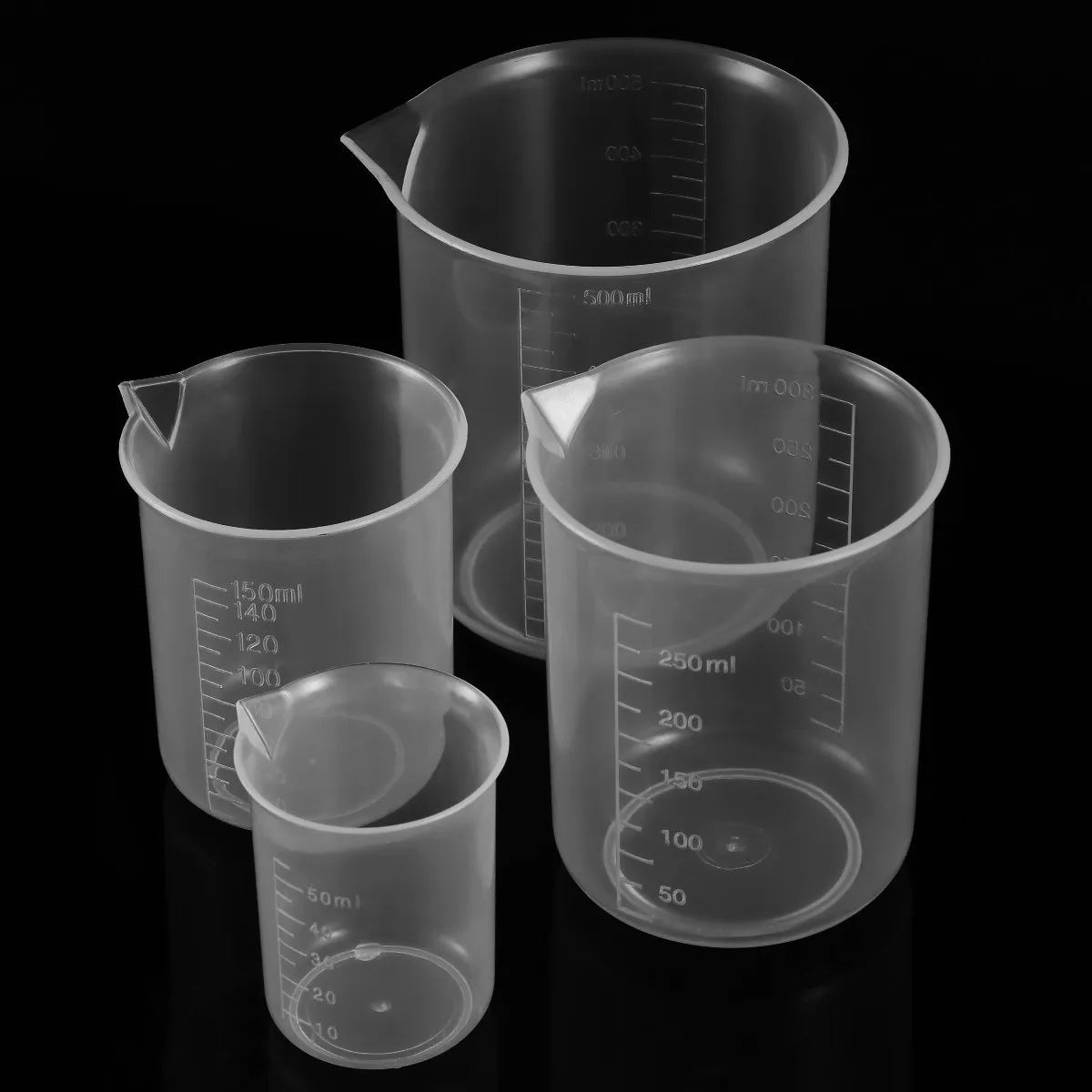 4Pcs Transparent Polypropylene Graduated Measuring Beaker Set 50Ml 150Ml 250Ml 500Ml for Kitchen Laboratory Liquid Dry