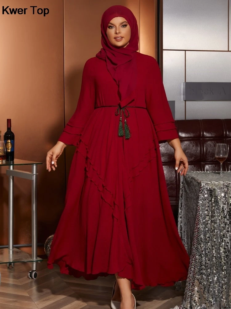 

Women Vintage Ruffles Muslim Dresses Casual Big Hem Evening Party Robe Female Elegant Solid Outerwear Clothes Vestidos