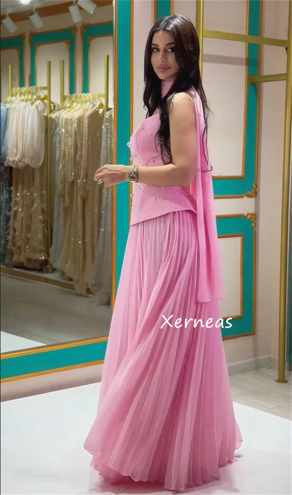 맞춤형 절묘한 저지 스팽글 플리츠 A 라인 끈이 없는 긴 드레스 맞춤형 행사 저녁 패션 현대 스타일