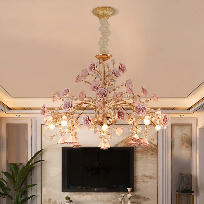 Luxury Bedroom LED Crystal Chandeliers Modern Rose Decoration Chandelier Lighting Nordic Living Room Ceramic Flower Pendant Lamp