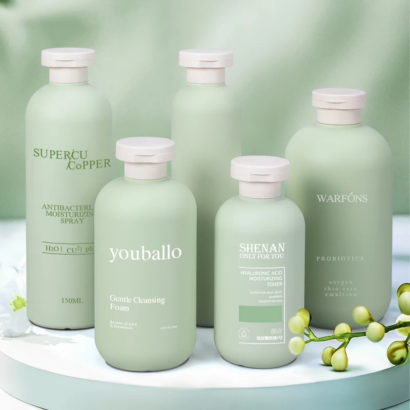 A granel 100ml 200ml 260ml 300ml 400ml 500ml bomba con tapa abatible botella de plástico verde esmerilado para champú para acondicionador cosmético
