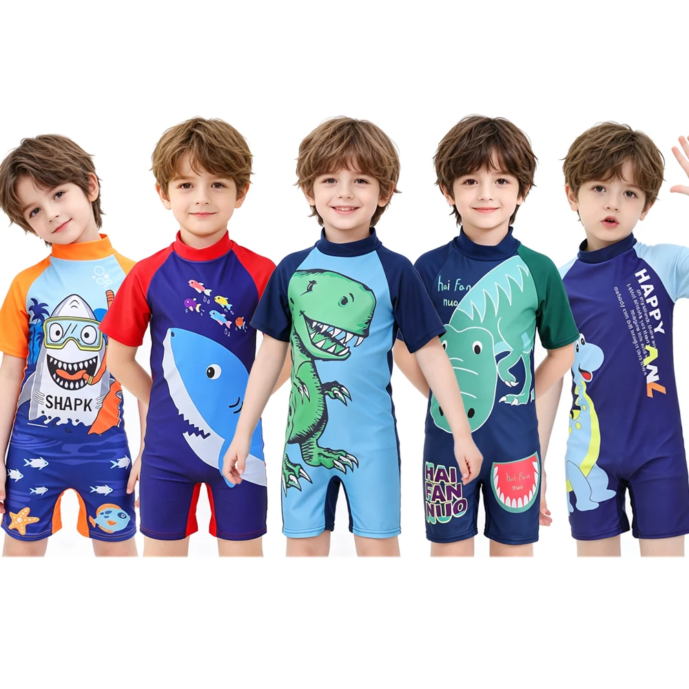 

Boys Dinosaur Shark Cartoon Print One Piece Swimsuits Rash Guard Set Short Sleeve Quick Dry Swimwear Bathing Suit for 2-10Years