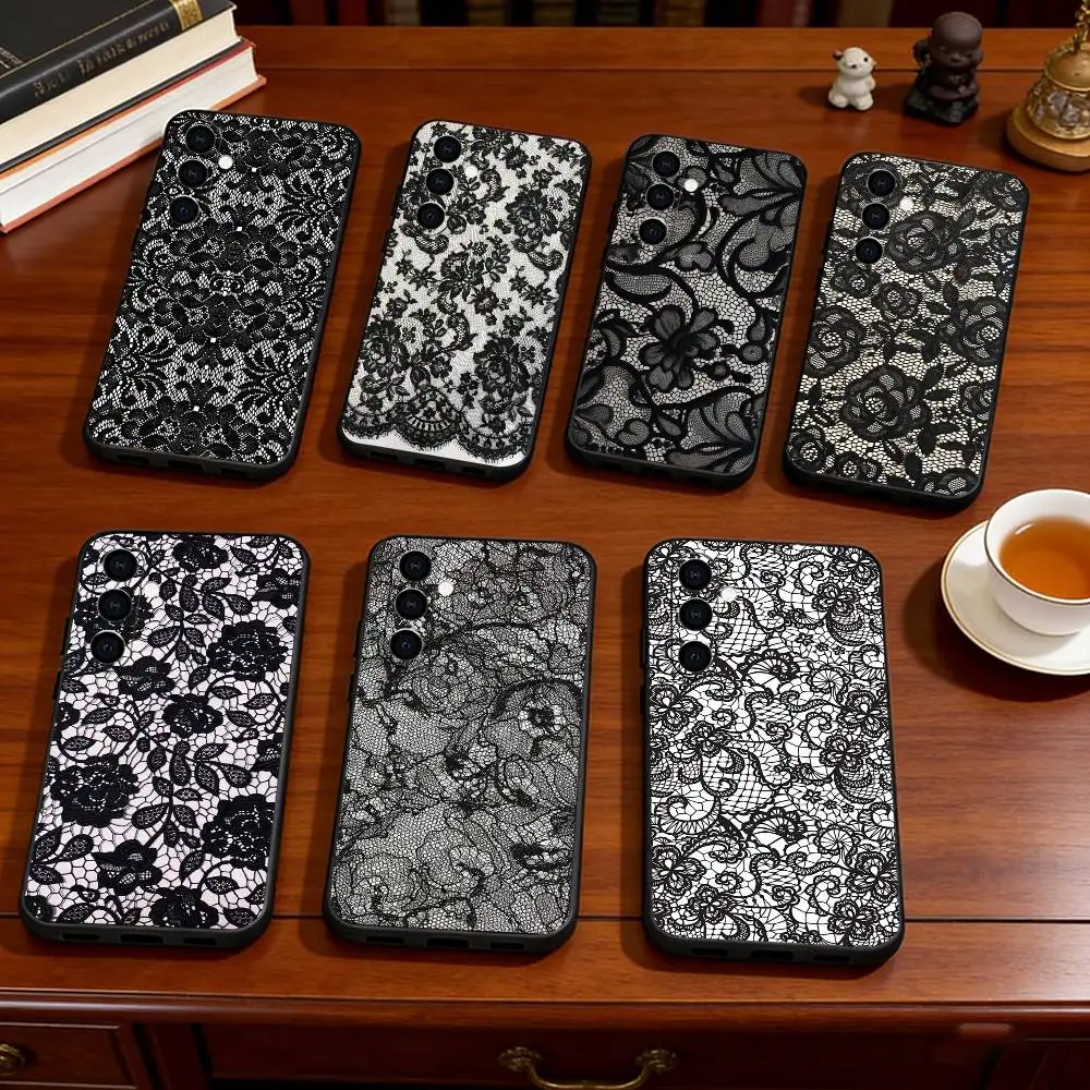 Black lace print Phone Case For Samsung Galaxy A73,A72,A71,A70,A53,A52,A51,Soft Silicone Black Cover