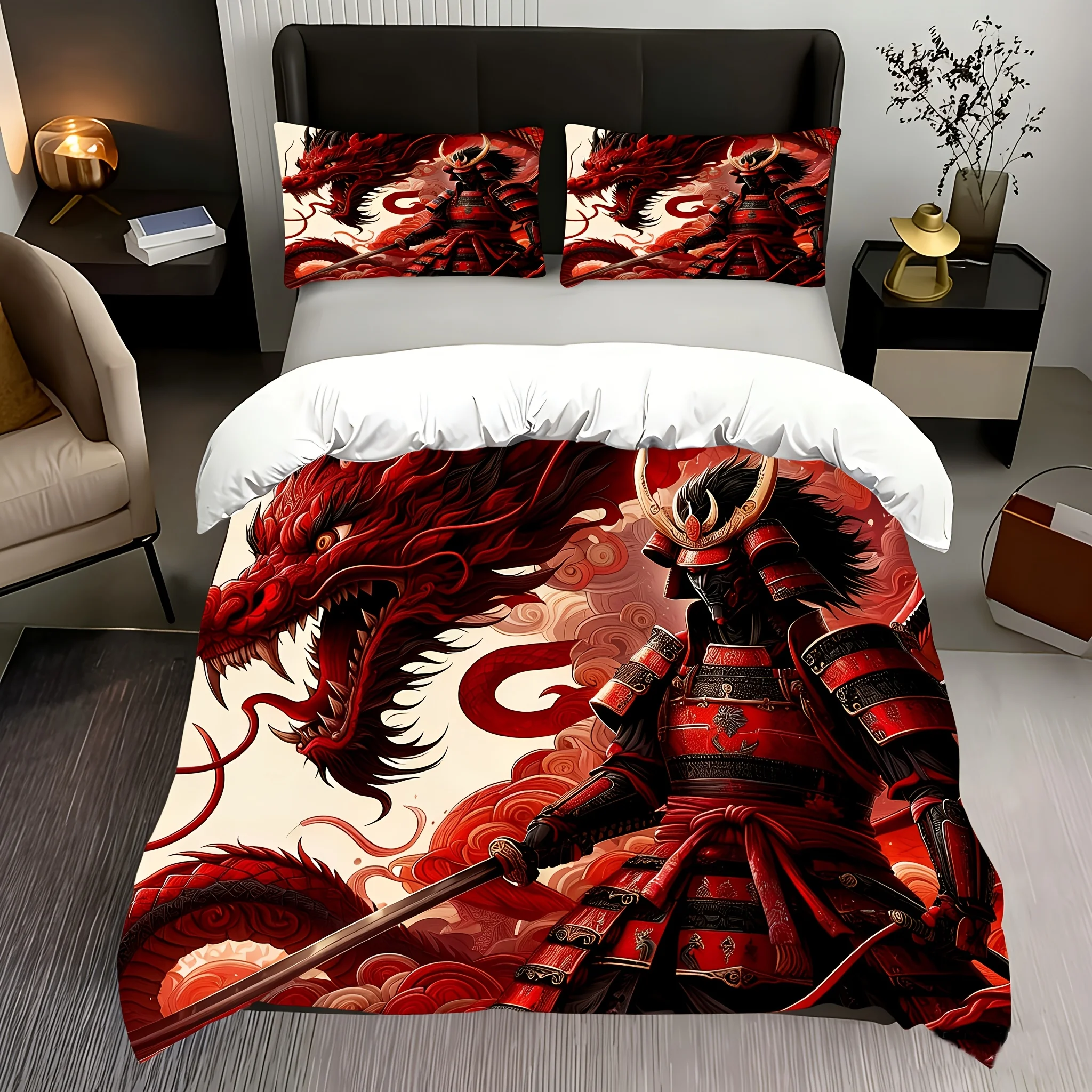 

3pcs Set Featuring a Warrior in Red Armor with a Dragon Comforter Cover Set, Stylish Ninja Duvet Cover with Pillowcases