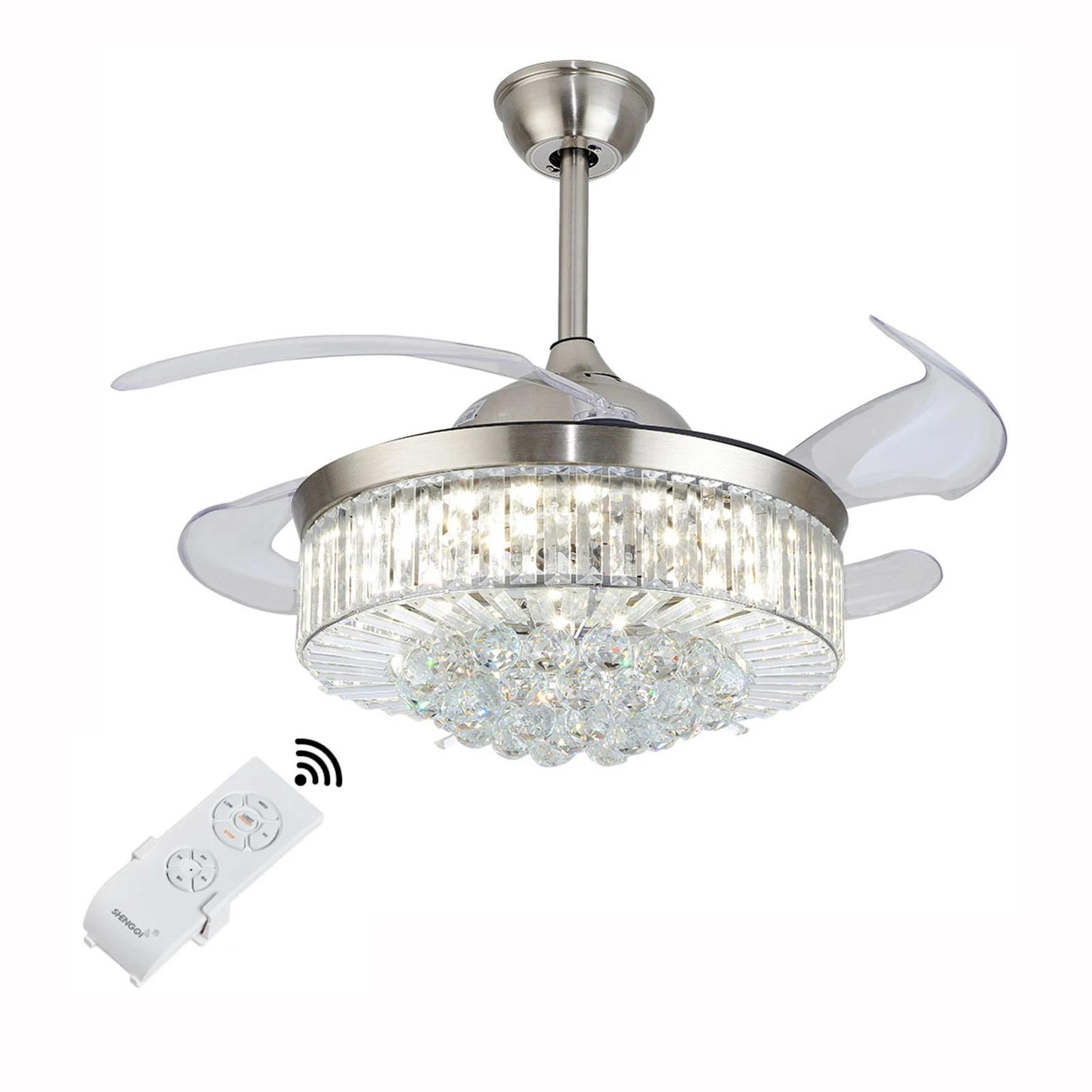 36" Retractable LED Ceiling Crystal Fan Dimmable Ceiling Fan Light Pendant Light Chandelier Lamp With Remote Control