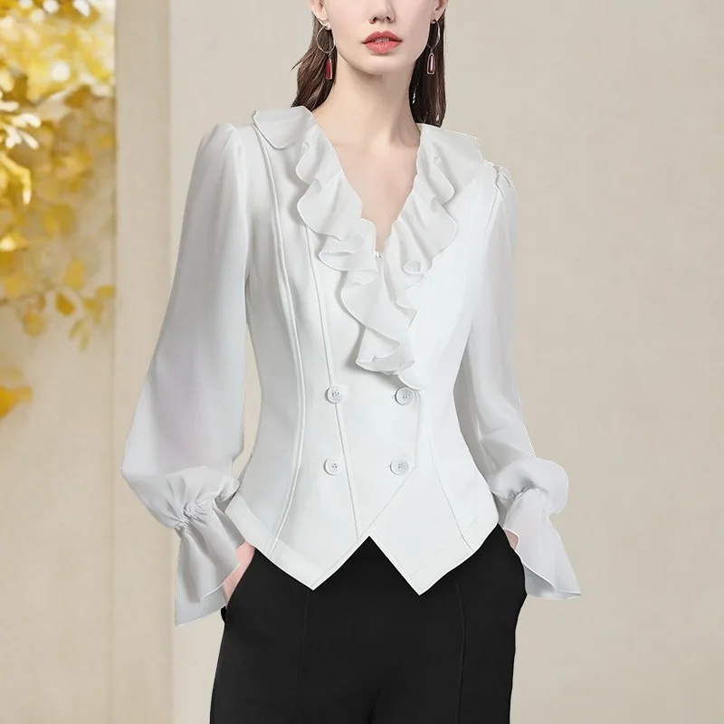 

Осень 2023, новая женская блузка с рукавами-фонариками и рюшами, тонкие двубортные повседневные рабочие топы с v-образным вырезом, белые рубашки