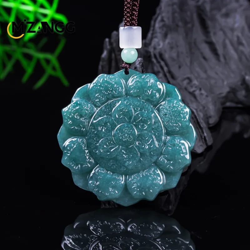 Colgante de Jadeíta Natural con Mantra de Seis Sílabas y Loto, Exquisita Tallado de Doble Cara, Collar de Jade Tipo Hielo, Regalo Unisex para Fiestas