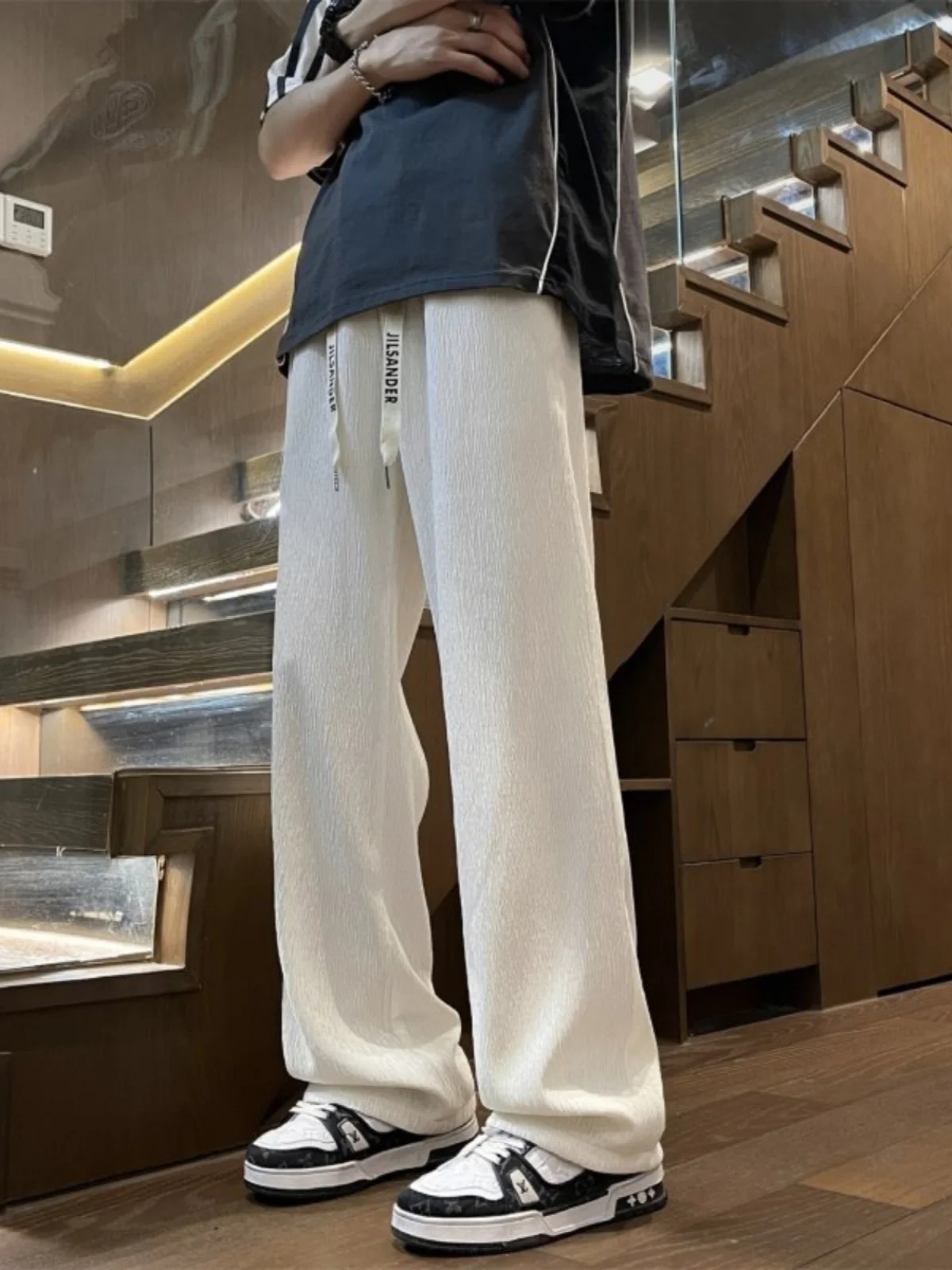 

White Ice Silk Men's Summer Thin Qui Dry Casual Pants Drapey Straight Leg Wide Leg Long Trousers Faionable Casual Sle