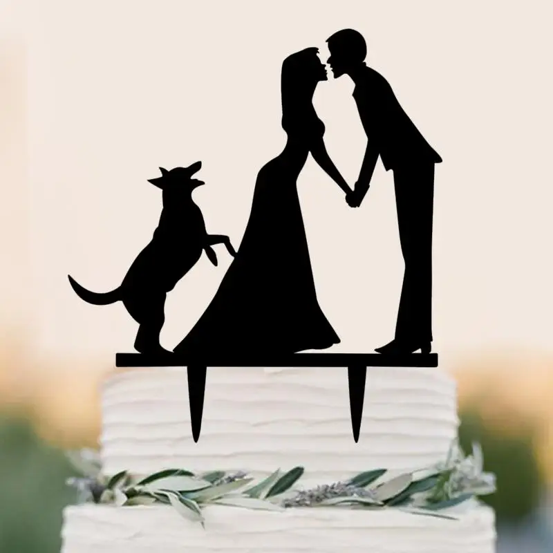 Décoration de gâteau de mariage romantique avec chien, silhouette en acrylique, 3 paquets-6 paquets