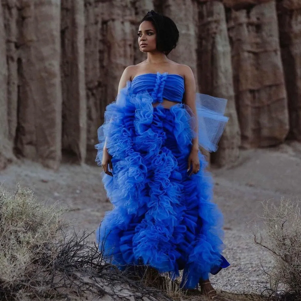 Royal Blue Two Piece Ruffled Tulle Ball Gown Layered Fluffy Floor Length Evening Dresses Open Back Folds Prom Dress Ever Pretty