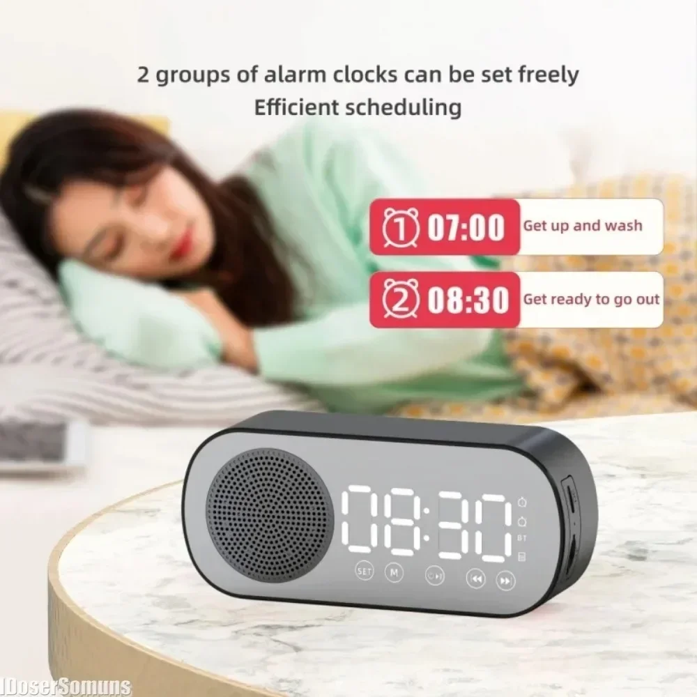 Mini Mirror Digital Alarm Clock Timer Rechargable Wireless Clock 2 Alarms FM Radio Wireless Speaker Subwoofer Desktop LED Clock