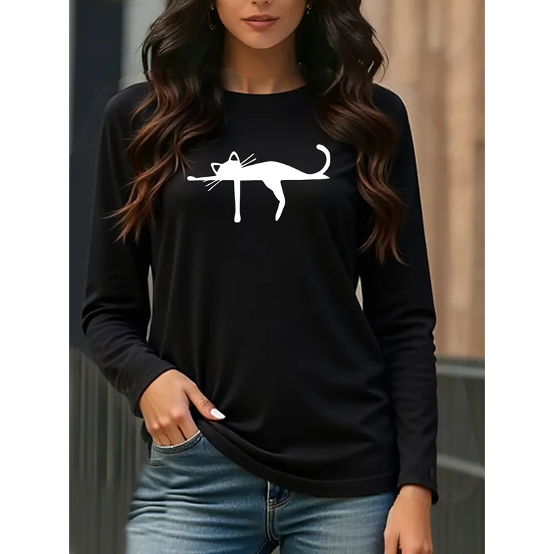 Women's Long Sleeve T-Shirt Stretching Cat Minimalist Silhouette Graphic Crew Neck Slim Fit Spring Fall Tops