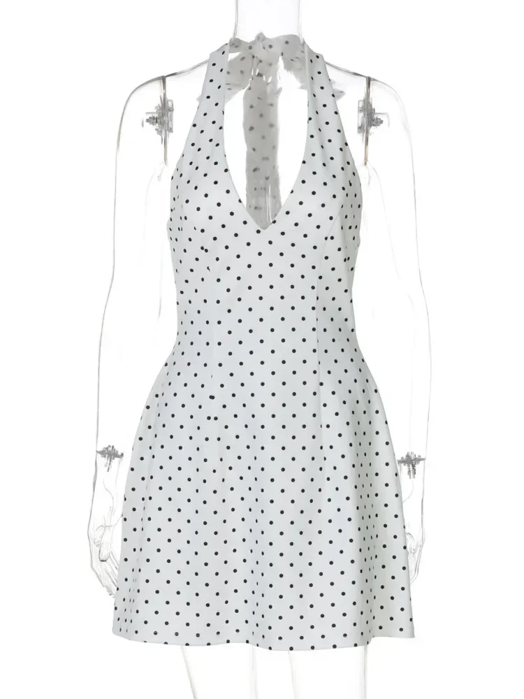 Chaxiaoa polka dot sexy mini vestido feminino moda halter profundo decote em v sem mangas sem costas cintura alta a linha clube vestidos de festa