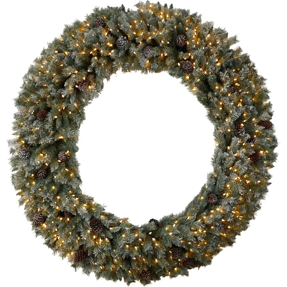 

6ft. Giant Flocked Christmas Artificial Wreath with Pinecones, 600 Clear LED Lights and 1000 Bendable Branches