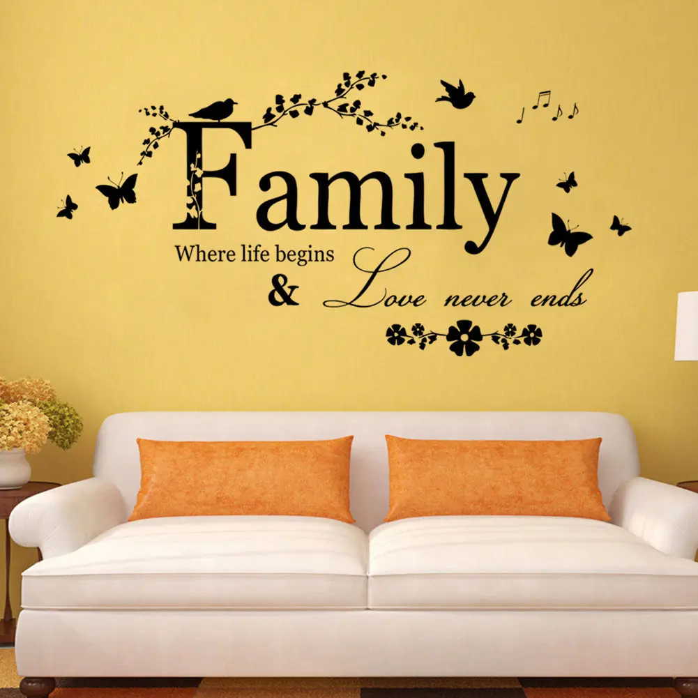 Home Decoration Stickers Alphabet Wall Sticker Family Where Life Begins Bird Butterfly Flower Grass Vinyl Home Living Room Decor