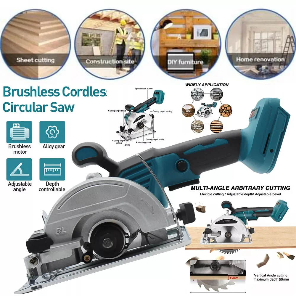 

125mm Brushless Circular Saw Cordless Electric Woodworking Saw Adjustable Angle Wood Cuttiing Machine For Makita 18V Battery