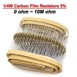 100PCS 1/4W Carbon Film Resistors 5% 1R-10M 10R 47R 100R 220R 1K 10K 4K7 100K 560K 1M 3M3 ohm ibuw Color Ring Resistance