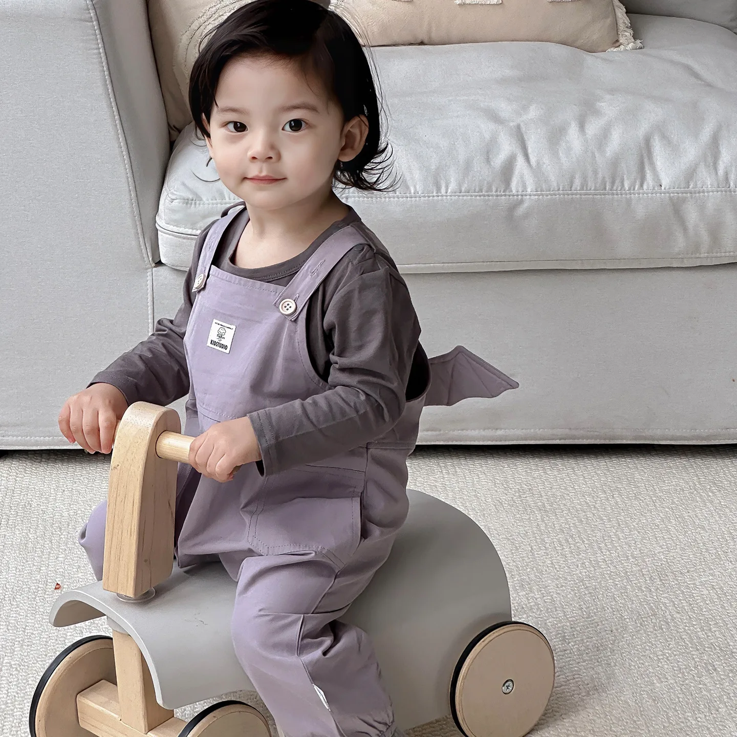 

Autumn Toddler Girl Two-piece Set Round Neck Long-sleeved Solid Color Newborn Girl Top Small Wings Purple Infant Kid Girl Bottom