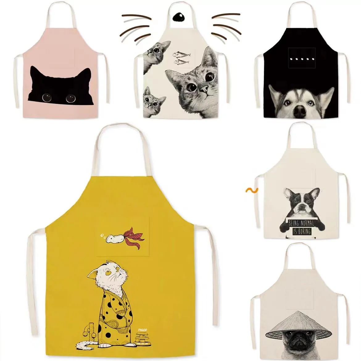 Cute dog and cat pattern apron kitchen cooking baking linen bib housework cleaning anti-oil stain sleeveless apron 68x55cm