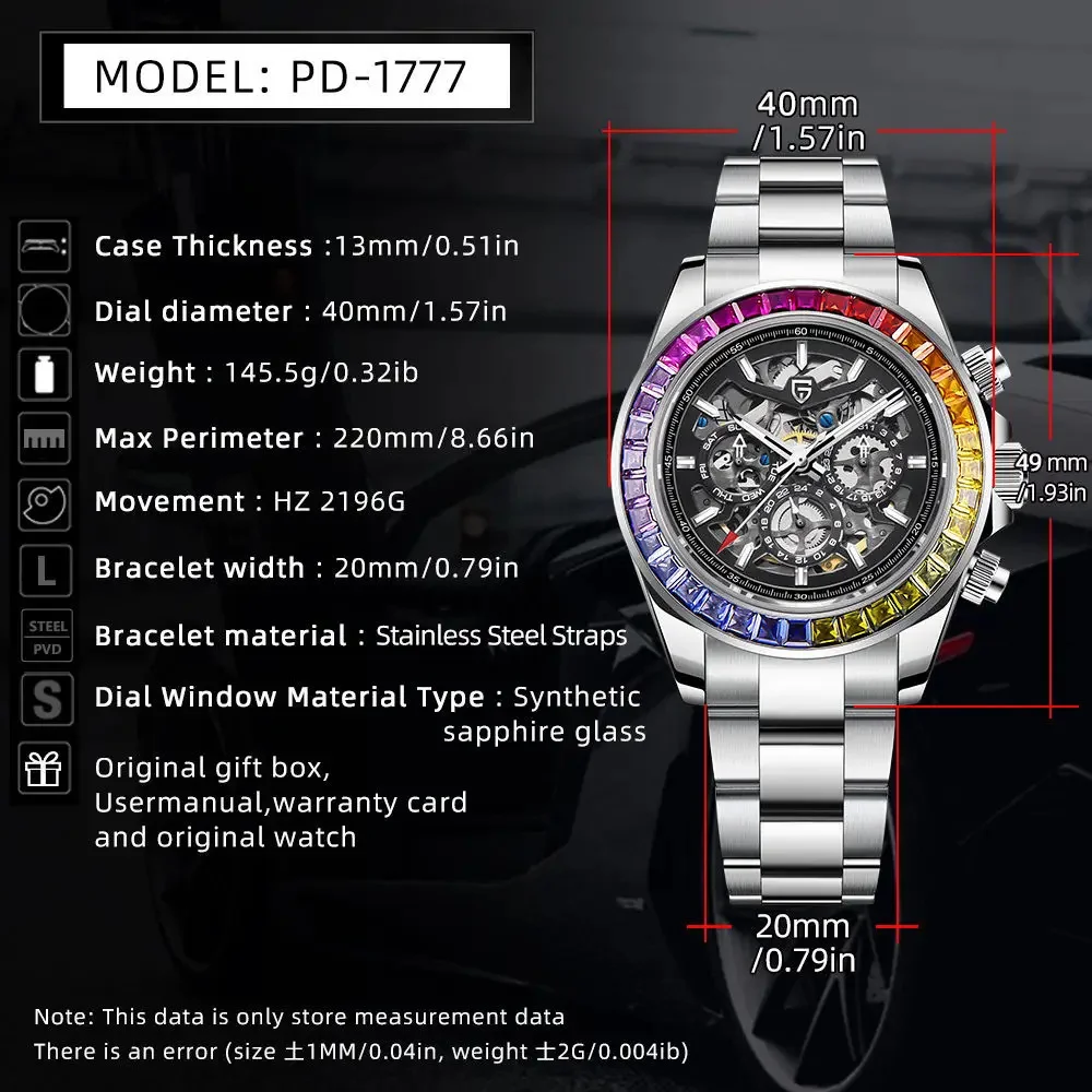 PAGANI DESIGN 40mm Fashion Rainbow Bezel Men Mechanical Wristwatch Luxury Sapphire Glass Hollow Out Automatic Watch For Men