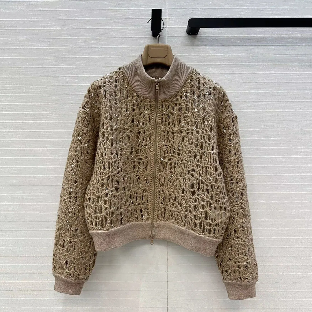 

New Autumn Mohair Wool Cashmere Zipper Knitted Cardiagns Women Crochet Hollow Out Embroidery Sequins Long Sleeve Vintage Sweater