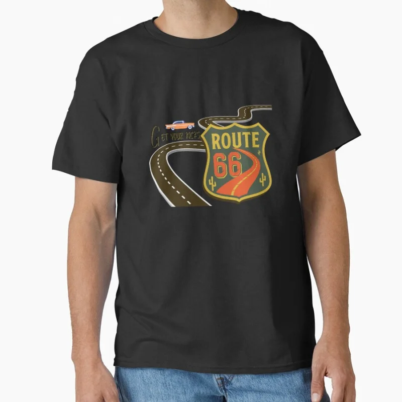 

Retro Get your kicks on Route 66 Americans highway The Mother Road USA road trip gift T-shirt Large size Adult Tops S-6xl