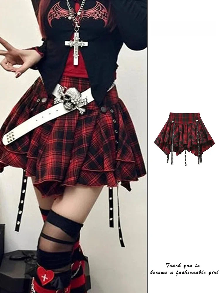 Millennium Hot Girl Red Plaid Puffy Skirt Women's Summer Subculture Uneven Sash Pleated  Skirt High Waist A-Line Skirt