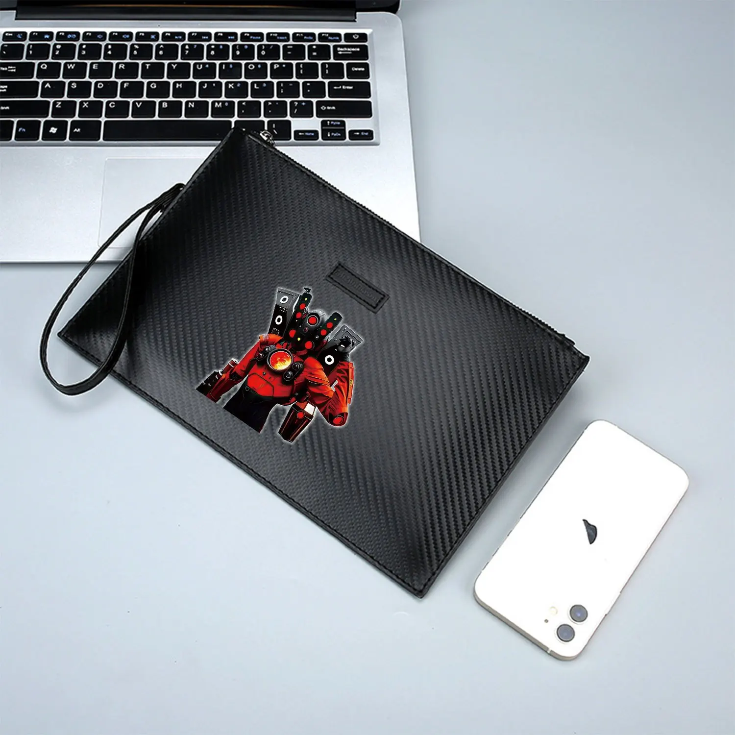 Red-clad robotic figure holding lantern Elegant Printed PU Men's Handbag Fashionable and Practical for Everyday Carry