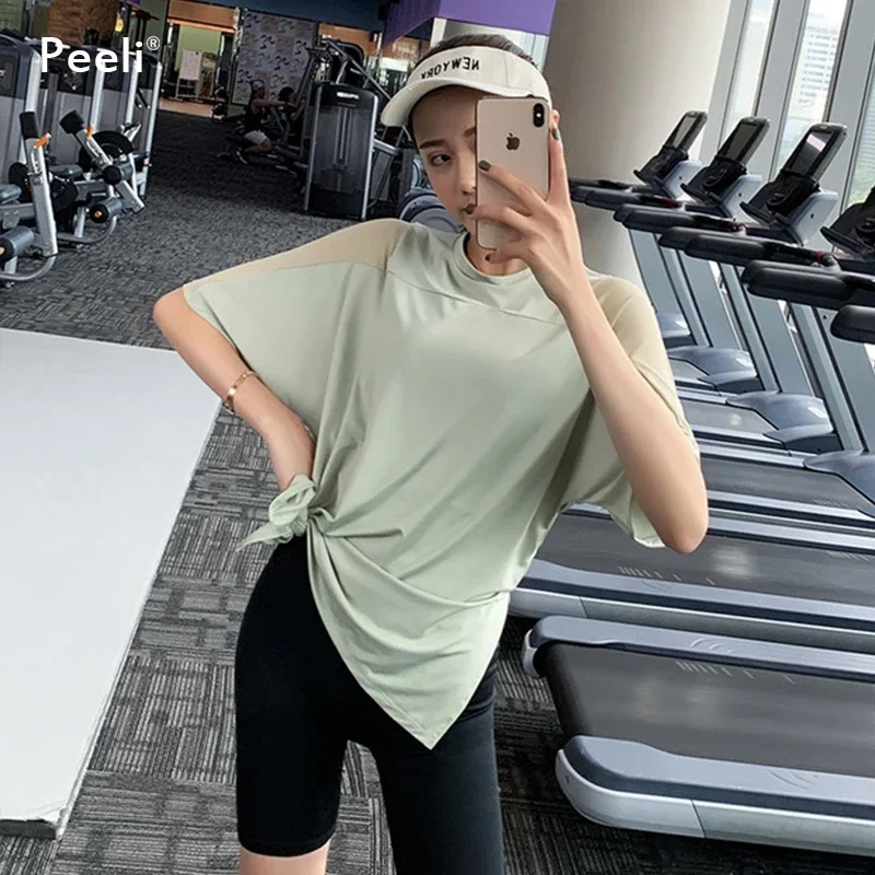 Letnie luźne topy do jogi damskie bluzki gimnastyczne z krótkim rękawem szybkoschnąca koszulka sportowa topy do fitnessu sportowa do biegania