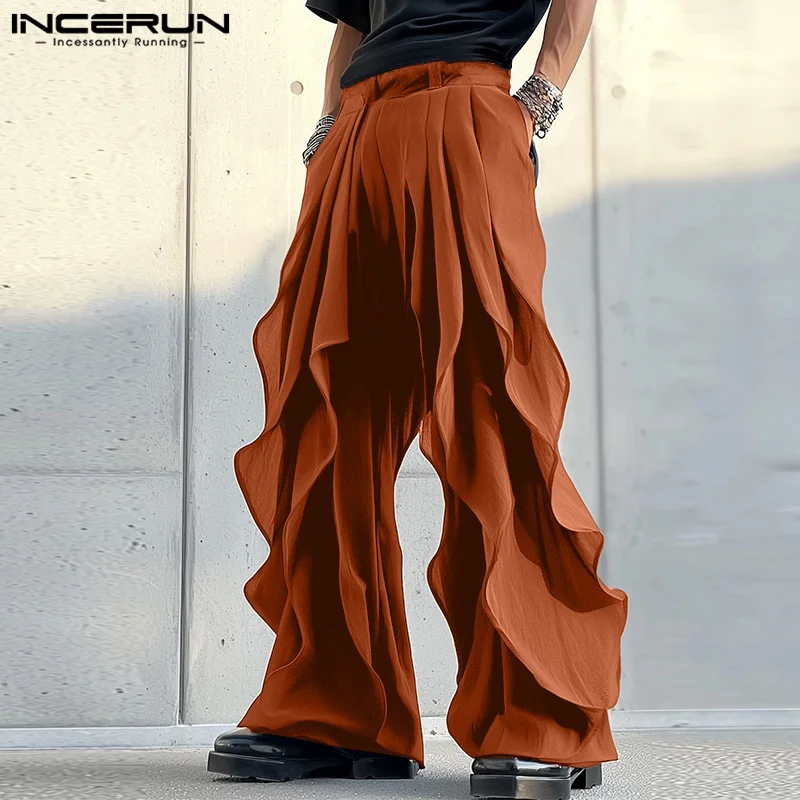 INCERUN 2024 American Style Trousers Stylish Men's Deconstruction Design Flounce Long Pants Male Personality All-match Pantalons