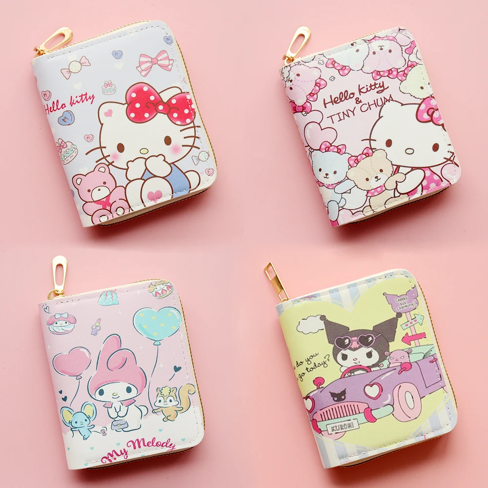 Cartoon Hello Kitty Wallet for Women Small Short Wallets Sanrio Melody Kuromi Zipper Coin Purse Girls Students Credit Card Bag