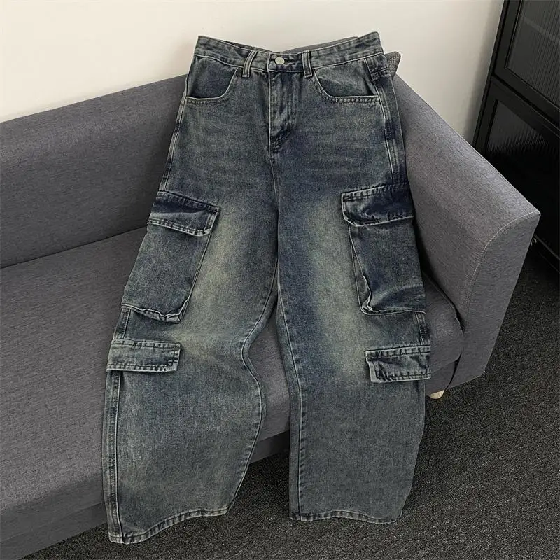

Retro Washed Heavyweight Men's Jeans Casual Straight Leg Multi-Pocket Workwear High Street Style Denim Pants Youth Trend