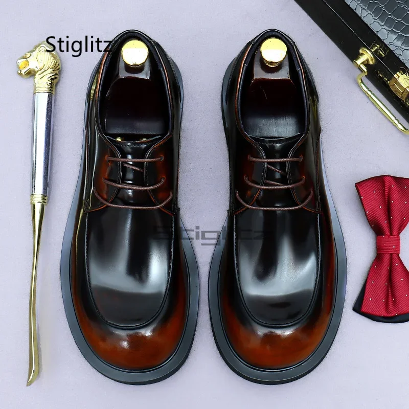 Men's Lace Up Casual Business Leather Shoes British Style Handmade Big Round Toe Cowhide Patent Leather Derby Shoes Male