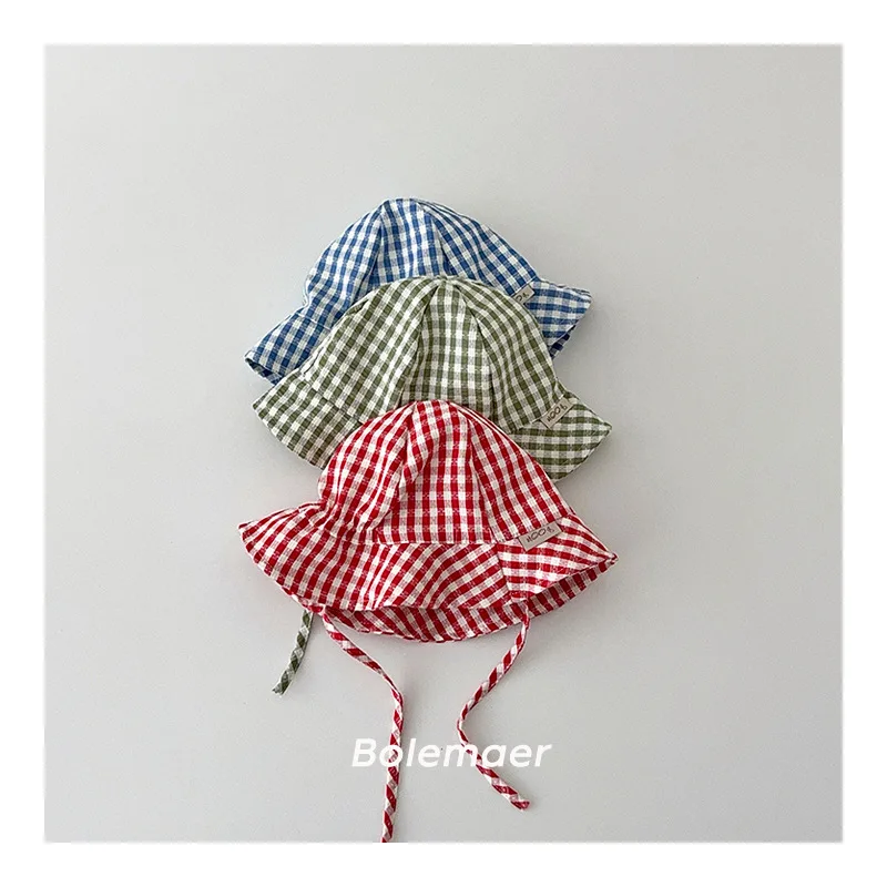 

Летняя панама с широкими полями для малышей, с клетчатым принтом, хлопковая, для мальчиков и девочек, детская шляпка от солнца