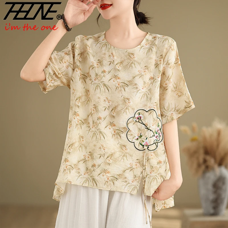 

THHONE Fashion Summer Woman Blouse 2025 Indian Embroidery Vintage Korean Style O Neck Short Sleeve Loose Shirt Women's Clothing