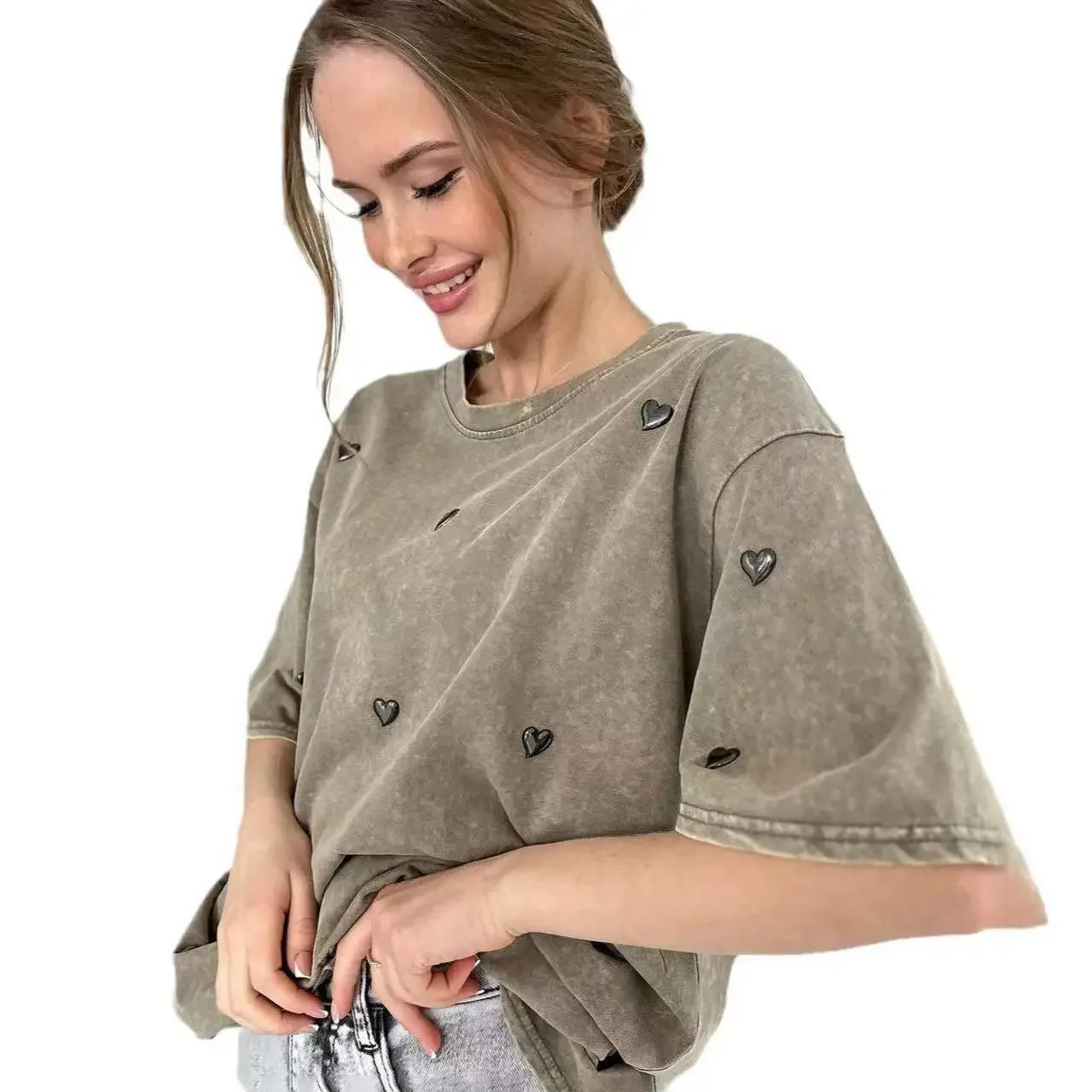 Oversized T Shirt American Retro Washed Love Heavy Industry Short Sleeve Fashion Y2K Tees Streetwear T-shirts Women Clothing