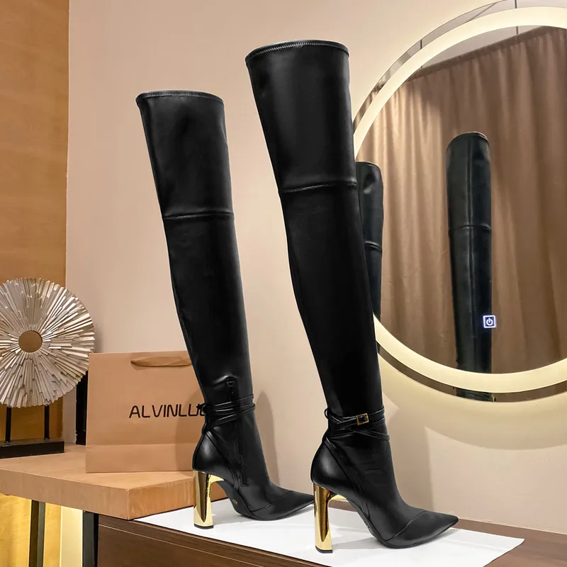 Fashion Autumn Winter Soft Leather Stretch Women Thigh high Boots Elegant Pointed toe High heels Over the knee Boots Party Shoes