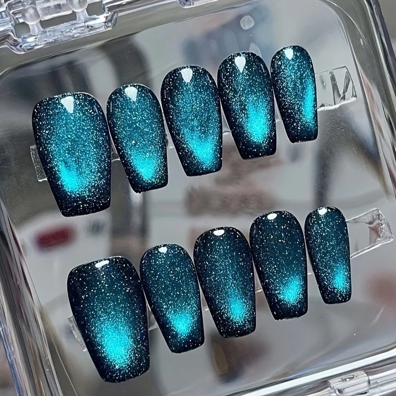 10 Stück The OceanCat Eye Reflektierende Nägel, Premium-Nägel, künstliche Nägel, blauer Nagel/magnetischer Katzenaugen-Nagel, handgefertigte Nägel,