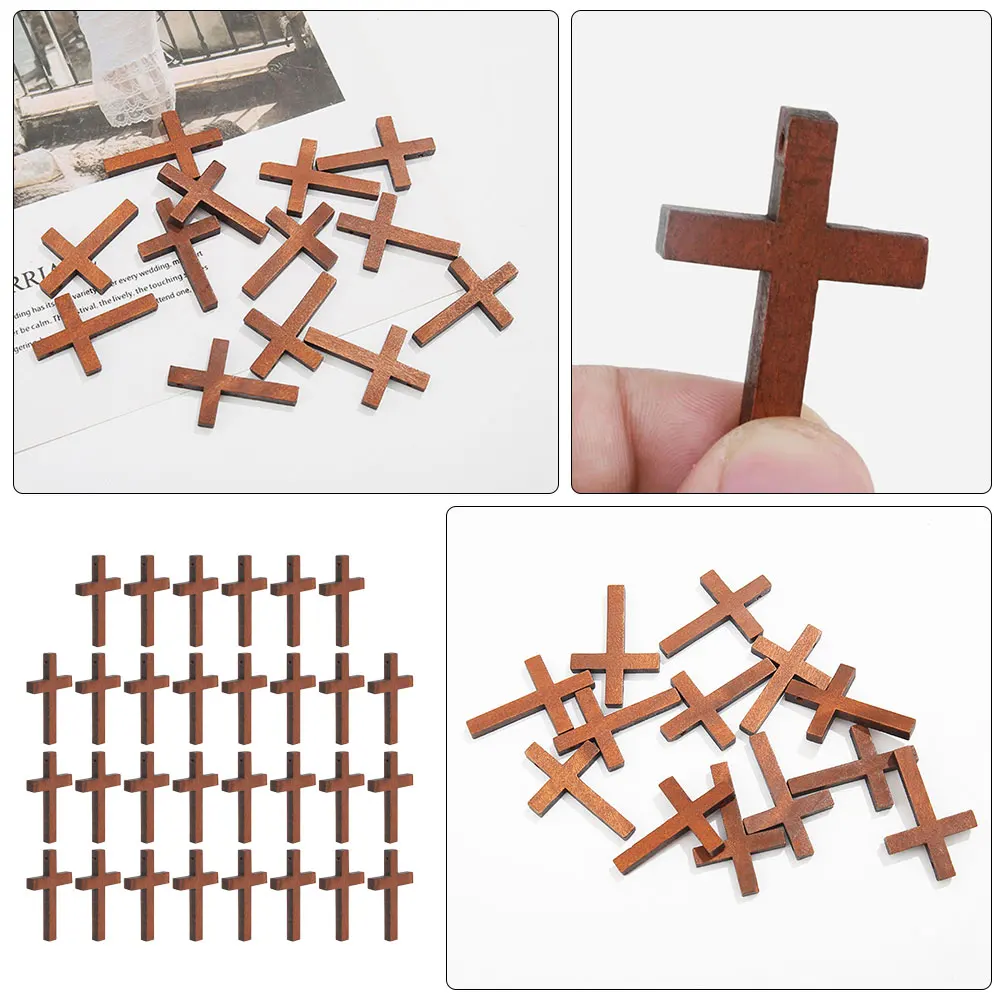 

30pcs Cross Pendants Diy Wooden Bracelet Pendants Retro Catholic Necklace Embellishment Keychain Decor Craft Bag Pendant Durable