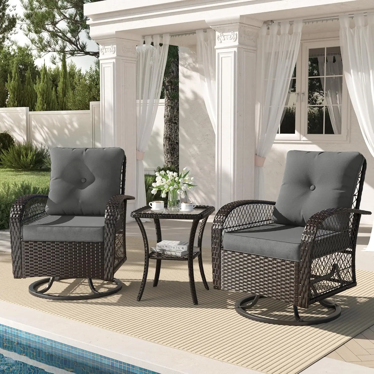 Patio Furniture Set, Outdoor Gliders Rocker, Wicker Patio  Set with Rattan Rocking Chair, Glass Top Side Table and  Cushions